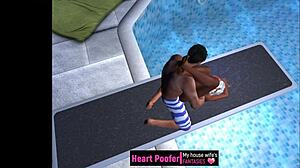 Bold cartoon sex on the jumping board at public swimming pool