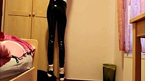 She tramples sneakers in fetish play.