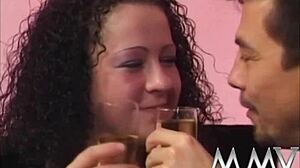 Brunette bitch takes two cocks with facial cumshot