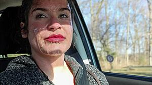 Sexy Mommy Gets Messy Outdoor Facial in Public Bukkake Scene.