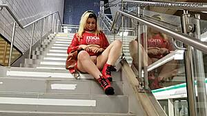 this blonde slut loves teasing her pussy outdoors in public places