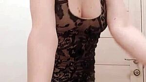 Milf In Dress Sucks Dildo Caresses Wet Pussy In Restroom