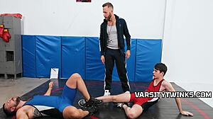 Wrestling bareback threesome with teacher and students.