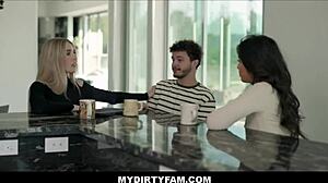 Blonde stepmom films stepson fucking petite latina girlfriend with big cock licking!