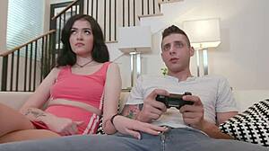 Hot handjob for step brother while gaming together