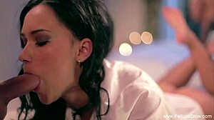 laying on the bed giving erotic blowjob and swallowing cumshot