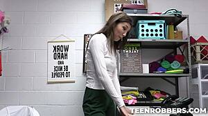 Petite teen thief Maya Woulfe gets her ass stroked at work