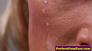 Bigtitted jizz babe tugs out messy facial cumshot
