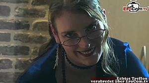 Petite German teen in pantyhose and glasses stars in raw homemade porno.