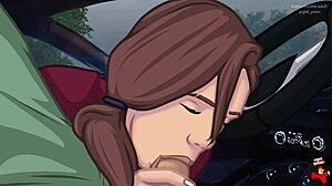 Redhead teen 18+ bends over for car blowjob in parody game.