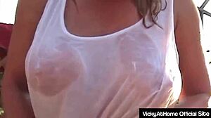 Vicky vette rides lovers big cock at pool with cunilingus on big pussy lips before show.