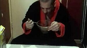 Shy guy starts solo masturbation at breakfast, leading to intense gay cumshot with bisexual twist.