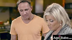 Older woman gags on young man meat to make it wet. Then he pounds her mature natural tits pussy hard.