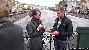 Casual teen Aubrey with glasses gave shaved blowjob jerking cumshot and kissing sex