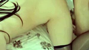 New girlfriend in black stockings tempts with her ass