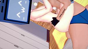 in this anime scene, rubbing tv woman's vagina in the toilet to warm her up for sport