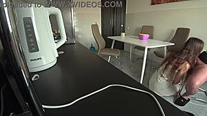 Wife cheats with neighbor fucking in kitchen while husband works 😏