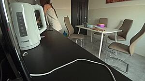 Wife cheats with neighbor fucking in kitchen while husband works 😏