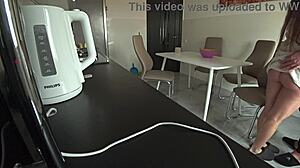 Wife cheats with neighbor fucking in kitchen while husband works 😏