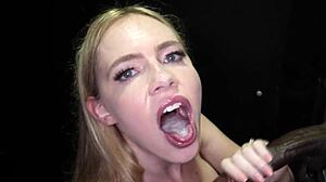 Rebel swallows cumshot from big cock at gloryhole in ass action.