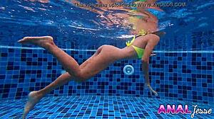 Asian girl, uh, swimmin’ with huge butt plug!