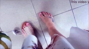 Redhead milf in shoe shop tries on sandals and asks if you'd suck her feet