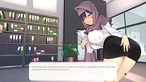 in this hentai game, the tsundere milf boss in hijab reveals her dripping wet pussy.