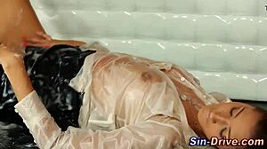 Hey, watch this classy gloryhole babe get messy with cum!