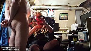 Masked Blonde Mistress Milks Slave with Wax and Whips