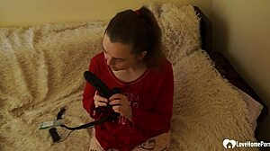 Hot stepdaughter enjoys solo dildo play at home