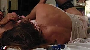 French amateur in pink satin lingerie gives a steamy rimjob