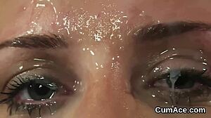 Naughty model gulps cum shot on her face.