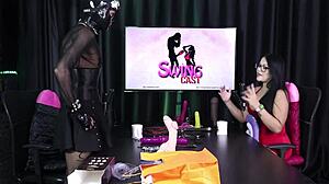 Ramona feels excited trying blowjob on giant toy cock in sheer red lingerie during 69 position