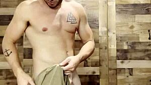 Old woman folds laundry while completely naked