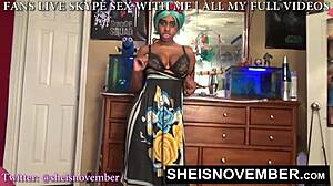 the bitch says, 'watch me strip and rub my cunt until i squirt in this glass'