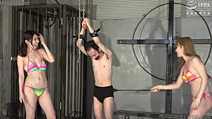 Young Asian Gals Dominate Masochistic Man With Toys
