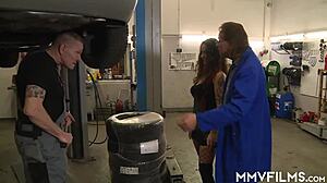 Tattooed european milf in lingerie rides big cocks in garage with handjob and hardcore action.