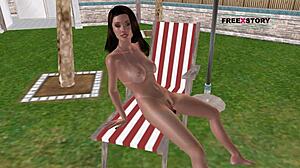 Cute girl masturbates with bottle near swimming pool in 3d cartoon