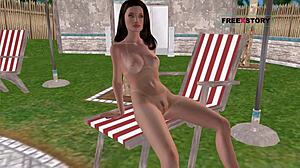 Cute girl masturbates with bottle near swimming pool in 3d cartoon