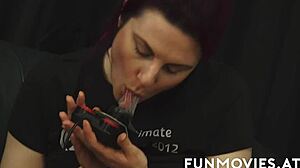 European milf teases with shoe fetish, fingering her natural tits while using toy