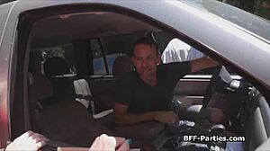 three sluts blowjob in car wash foursome!