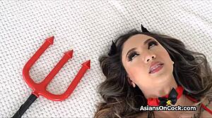 What happens at this pre-Halloween party quickie with an Asian teen hottie in costumes?