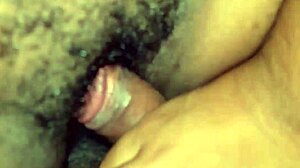 Ebony milf rubs friend's cock with wet clit.