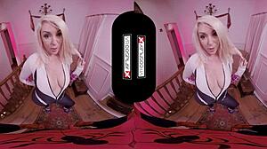 Blonde in spider gwen costume gives pov blowjob then rides with her fake tits and pussy in parody.