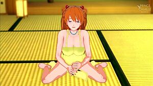 Horny Asuka in Yellow Dress Guides Handjob