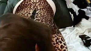 French amateur in leather pants and thong gets rimmed in doggystyle POV