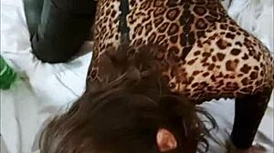 French amateur in leather pants and thong gets rimmed in doggystyle POV