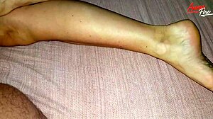 Stepson jerks off and cums on stepmom's feet subtly.