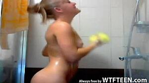 my cutie smiles while washing her HOT BODY. always free teen nuru massage by wtfteen!