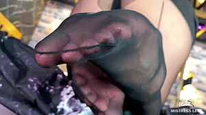 Goddess feet and toes in cute black pantyhose close up